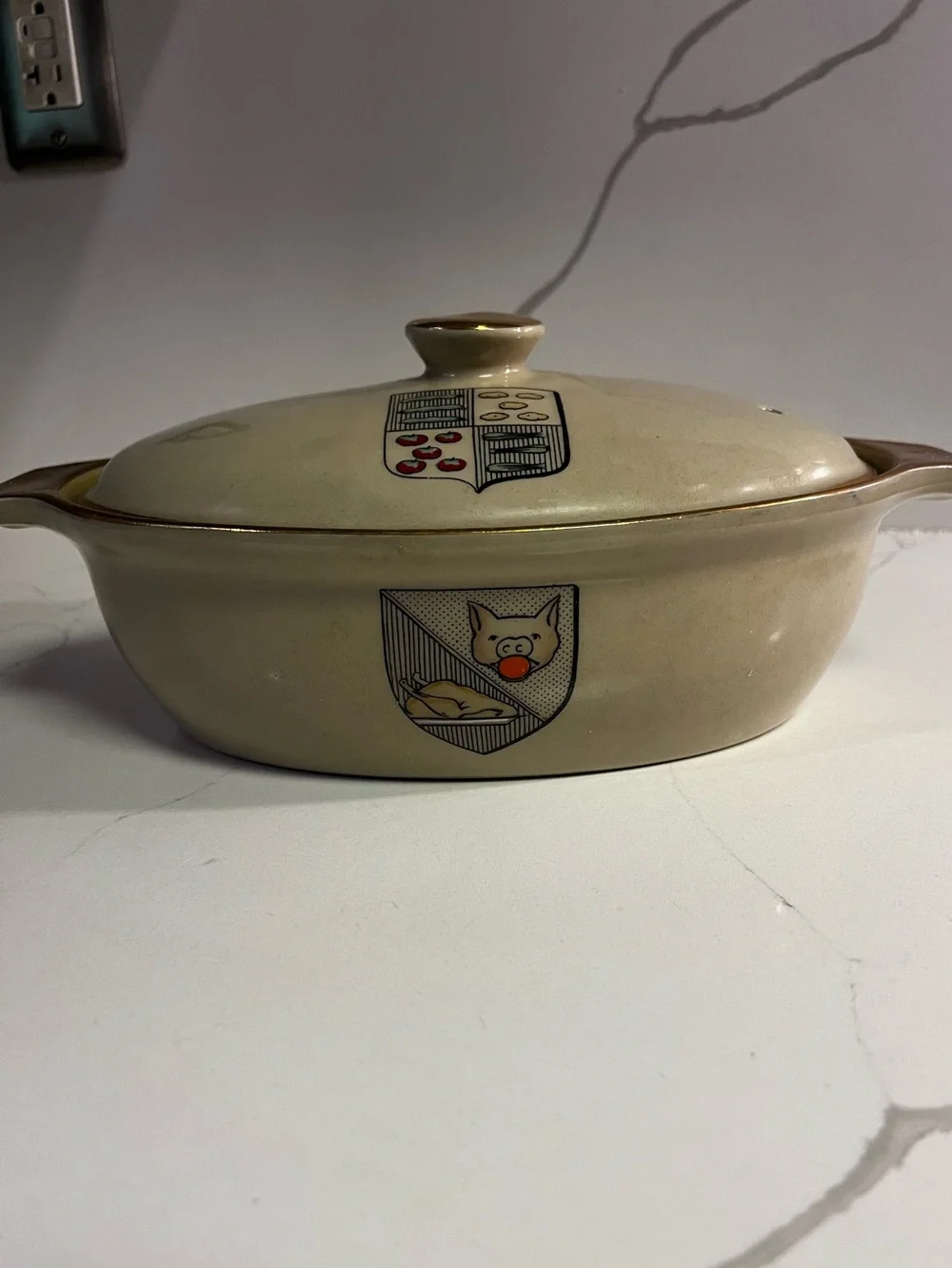 Cream Ceramic Covered Casserole Dish with Gold Trim